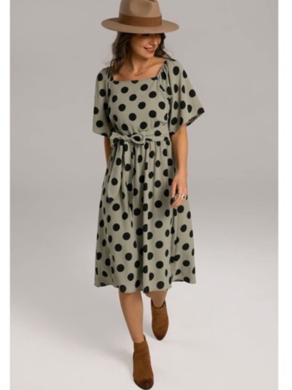 ROOLEE Sage Green polka dot midi dress XXL Square Neck Short Sleeve Waist Tie